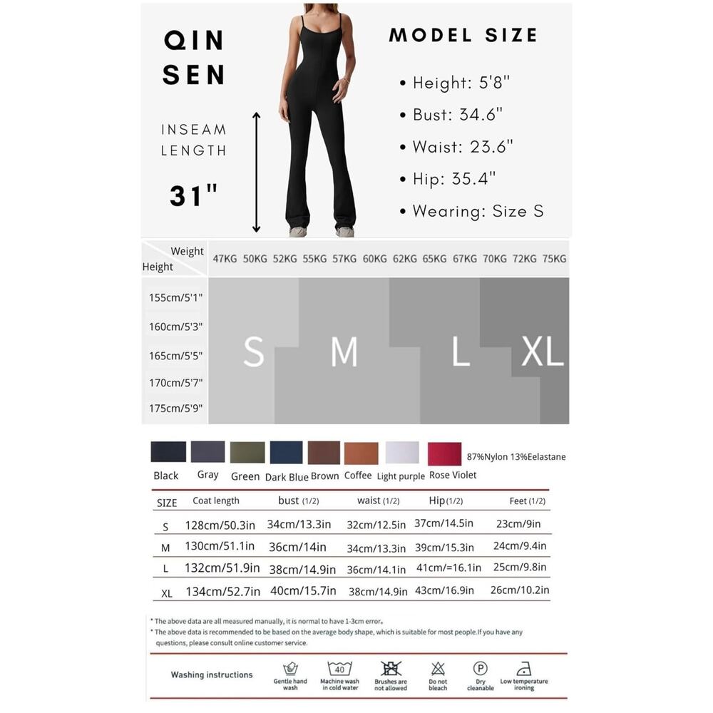 Qinsen Black Flare Yoga Sleeveless Jumpsuit Unitard Pilates Onesie Athleisure M - Picture 8 of 8